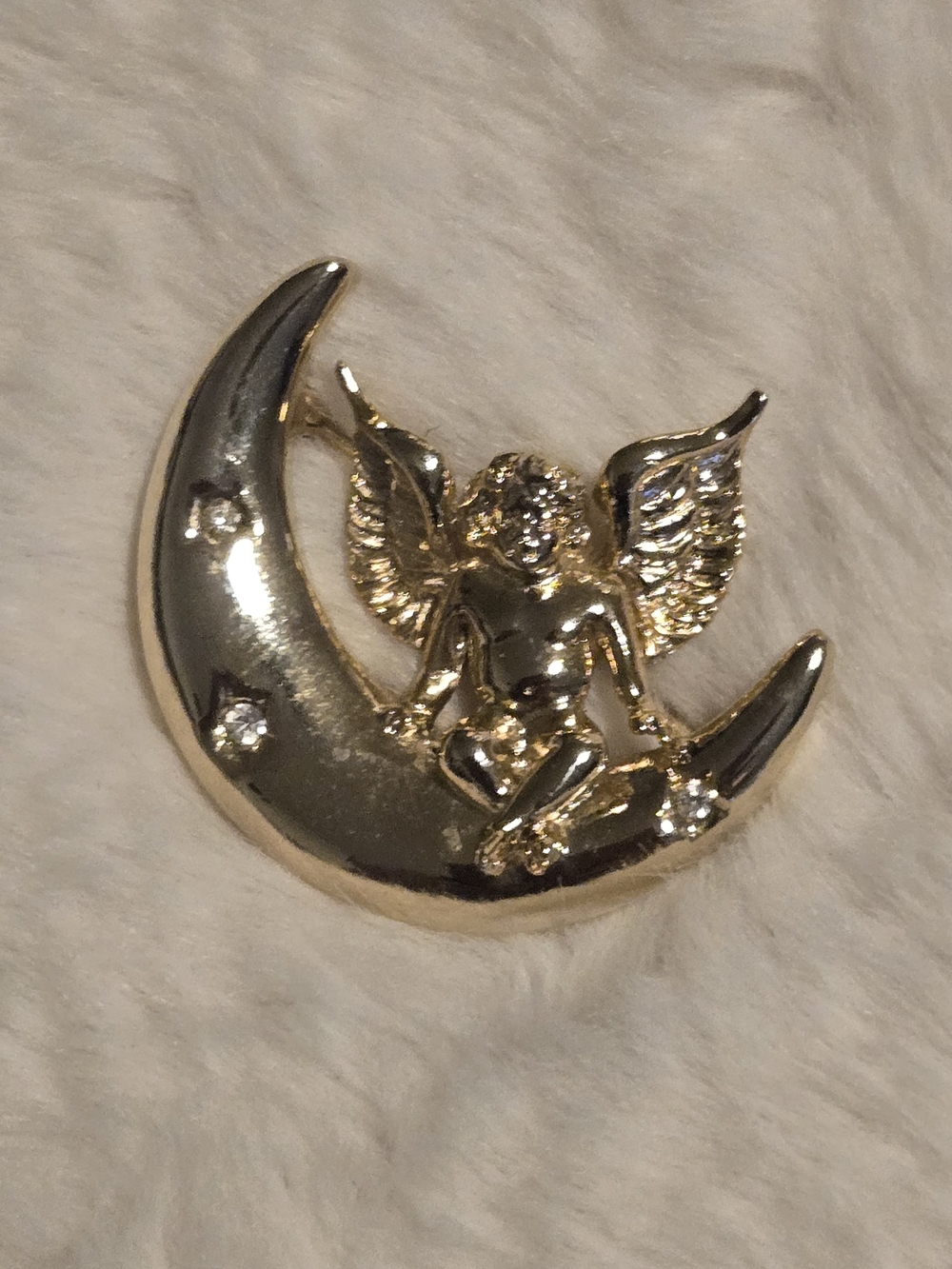 Givenchy Gold Tone Angel on Crescent Moon Brooch with Crystal Accents Vintage